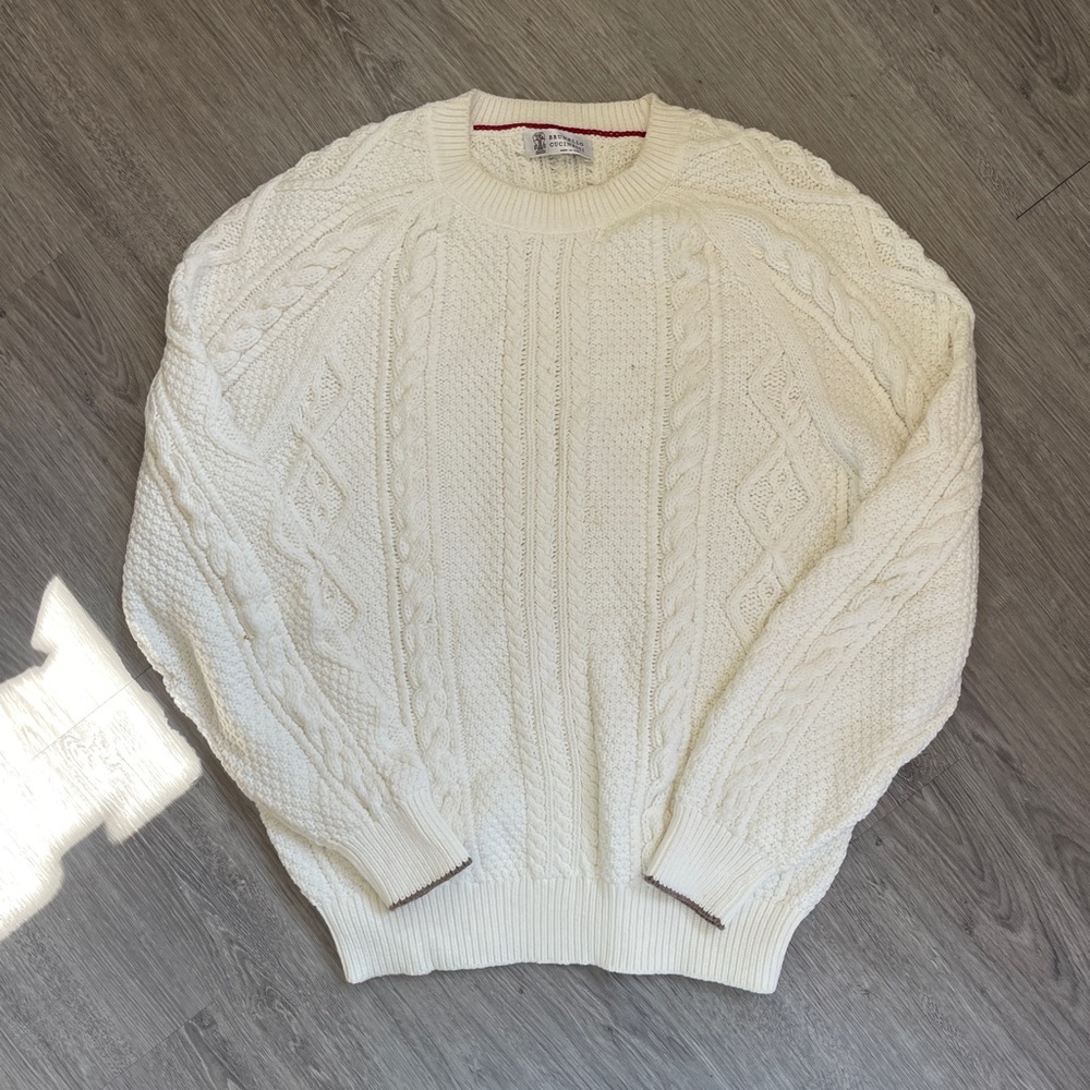 Brunello Cucinelli Ivory Cable Knit Sweater | 100% Cotton | Made in Italy